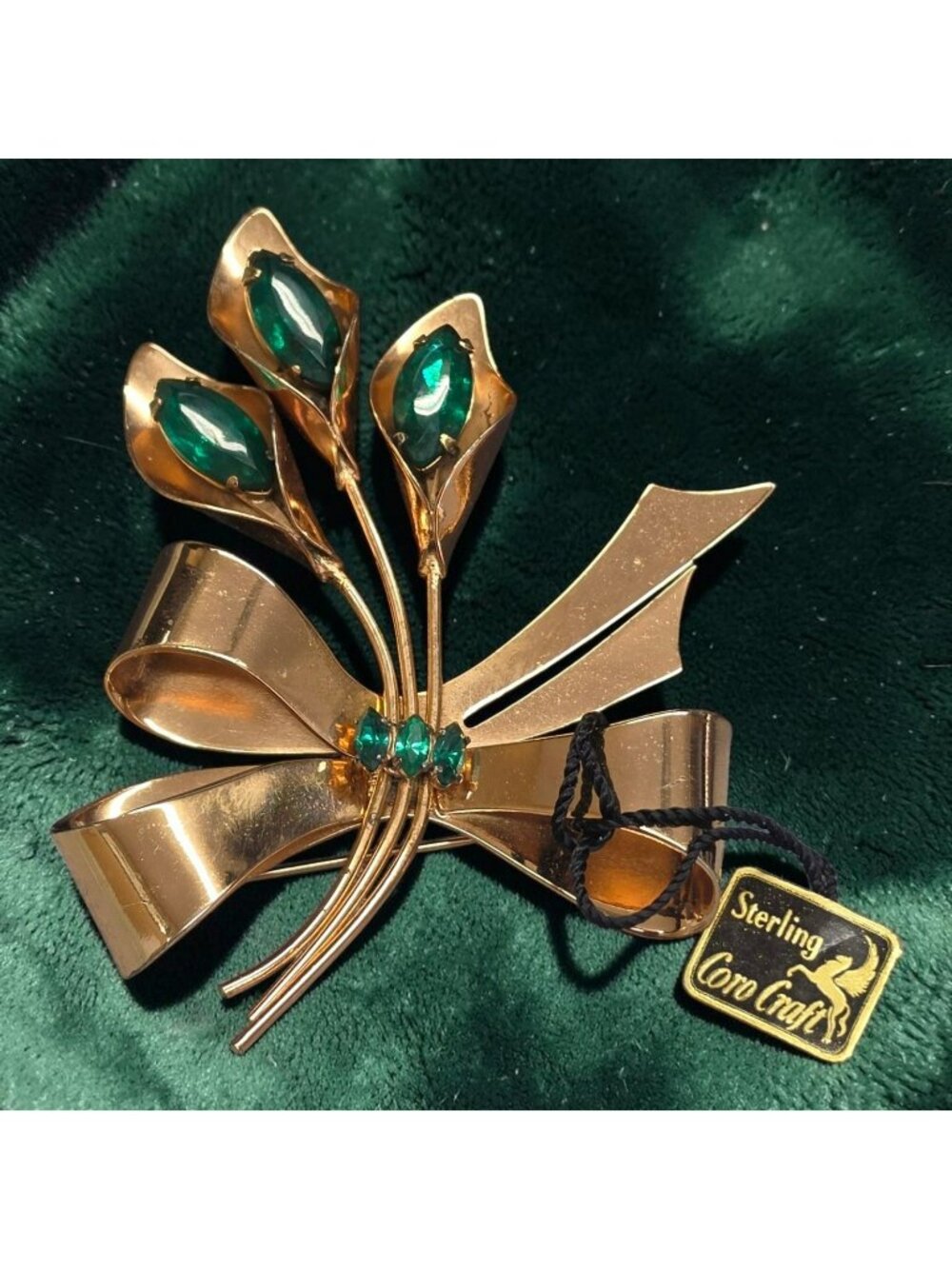 Vintage Coro Craft Sterling Gold Vermeil Calla Lily Brooch Green Glass Rhineston